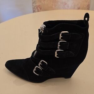 Black Suede Ankle Boots with Buckle and Zipper Detail